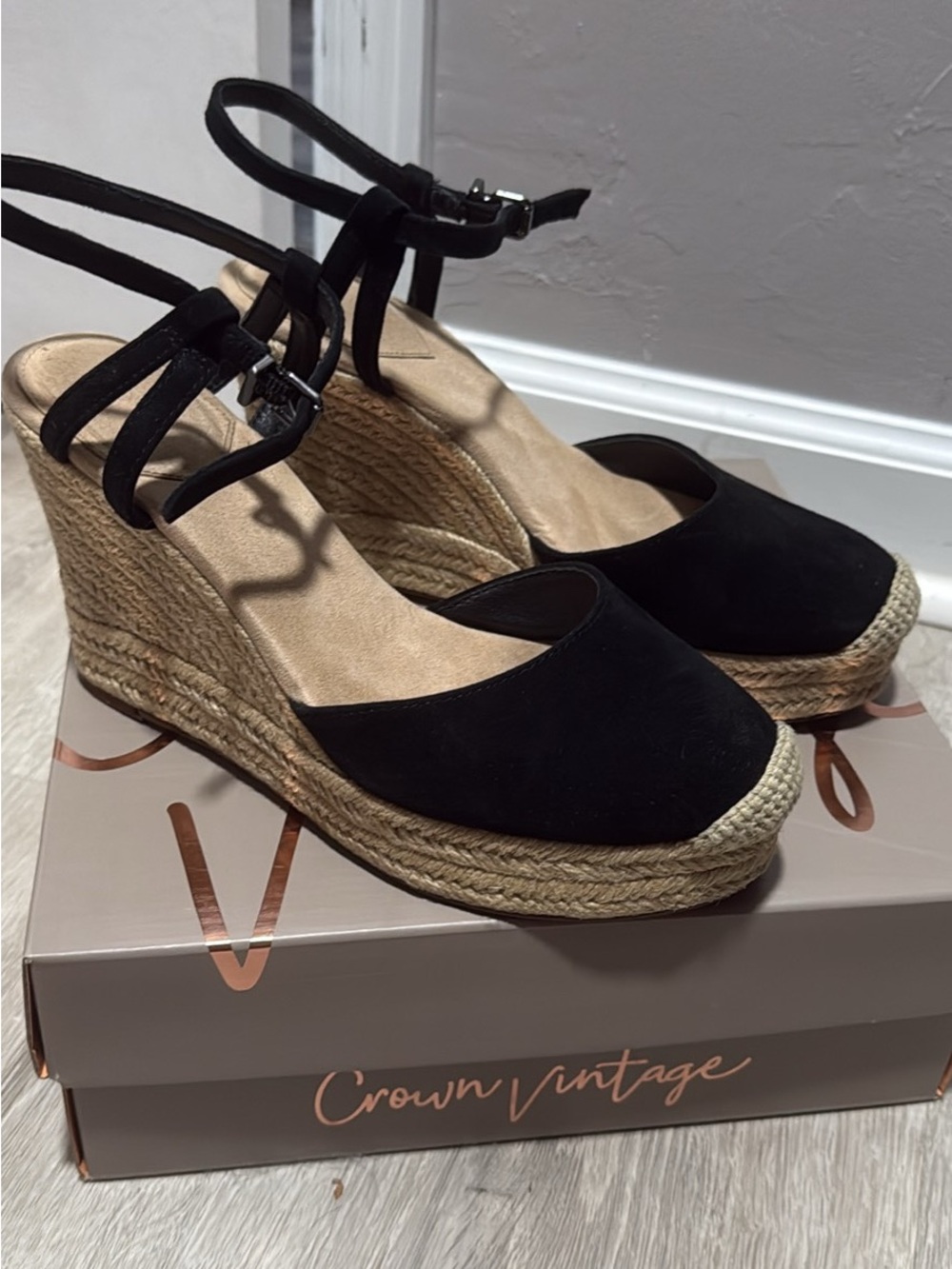 Crown Vintage Black Suede Espadrille Wedge Sandals with Ankle Straps